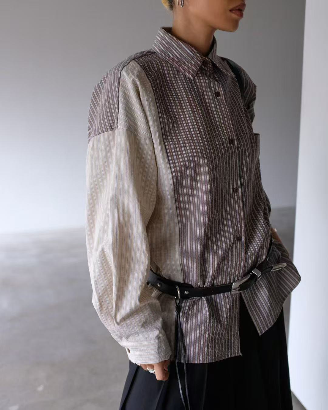 Vertical striped colorblock loose shirt