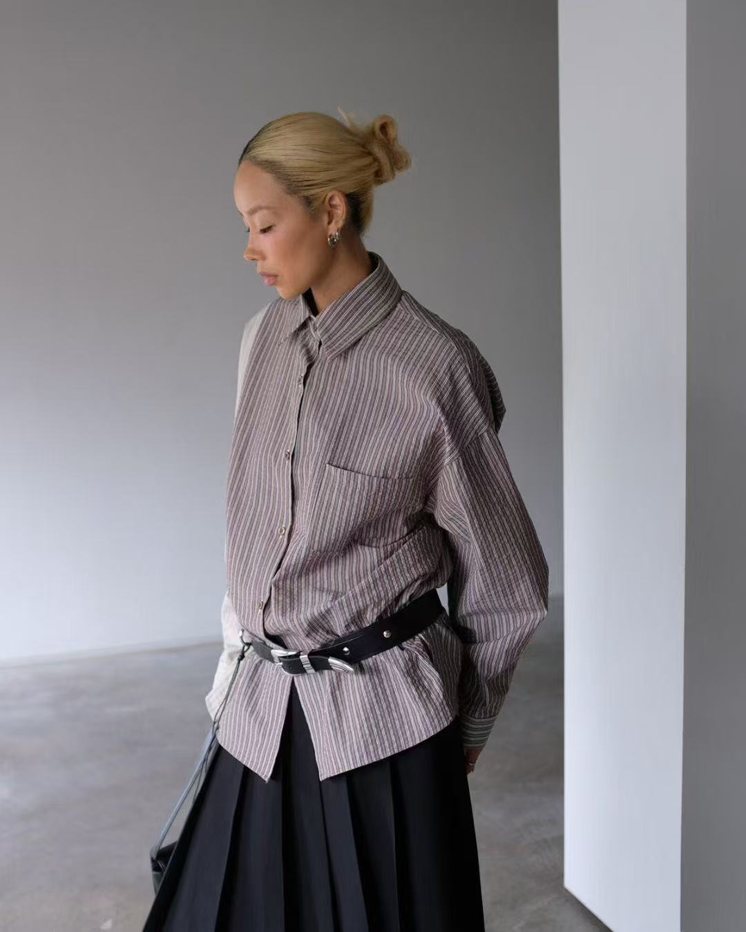 Vertical striped colorblock loose shirt