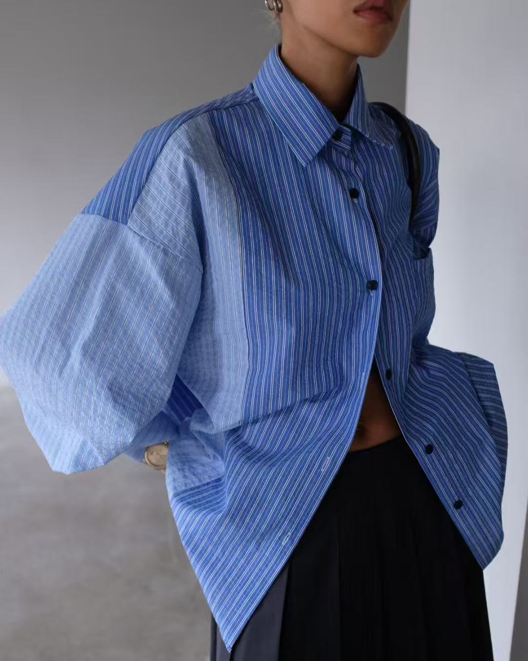 Vertical striped colorblock loose shirt