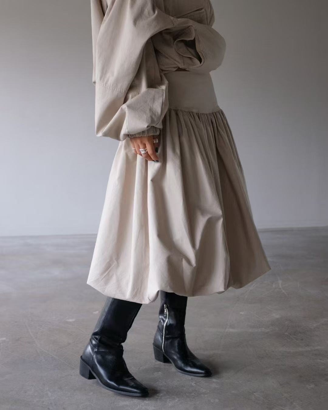 鬆緊腰簡約花苞中長款半身裙