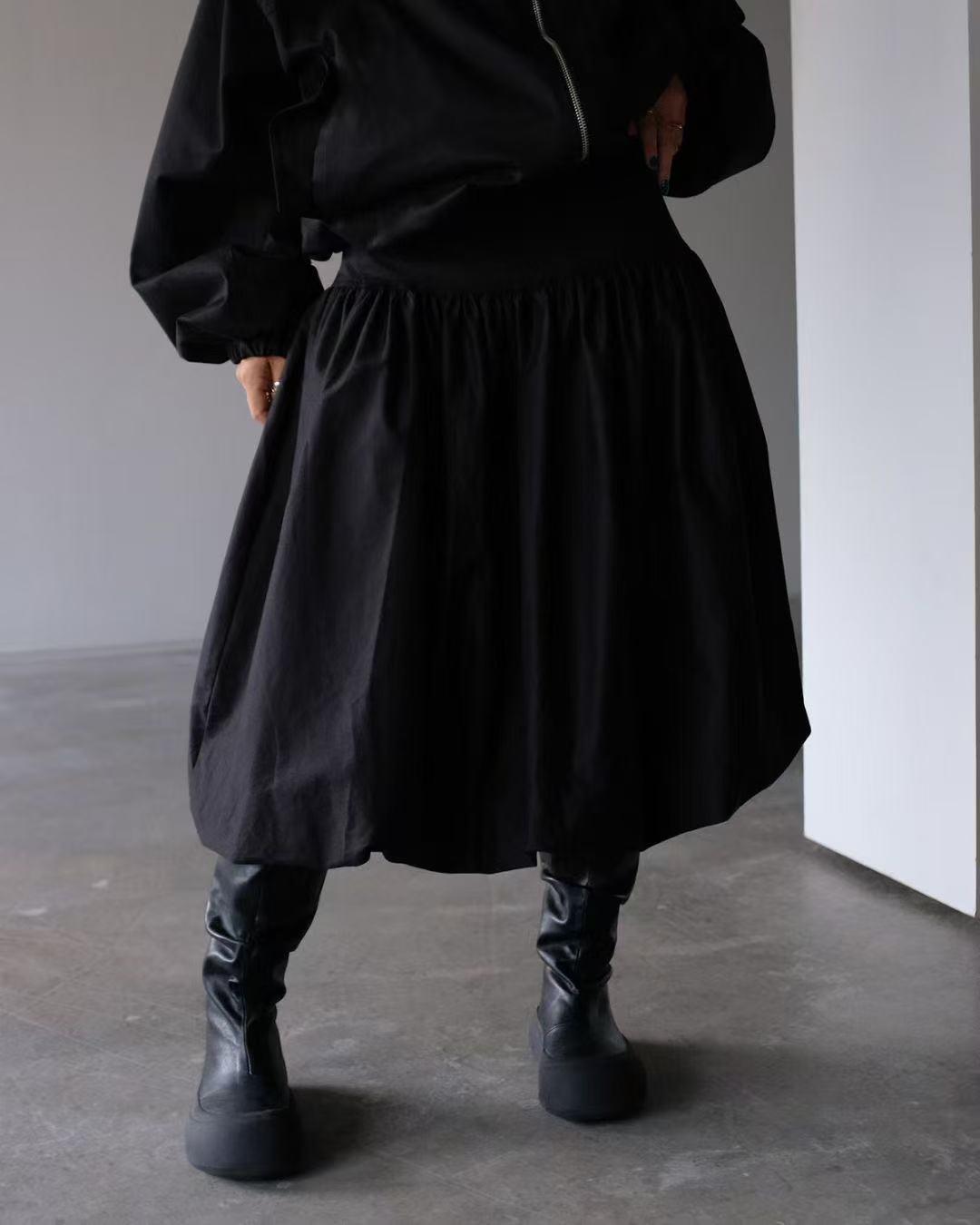 鬆緊腰簡約花苞中長款半身裙