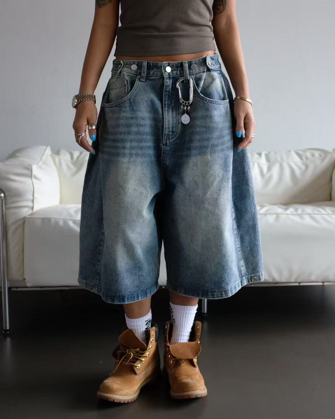 可調節褲頭寬鬆牛仔七分褲