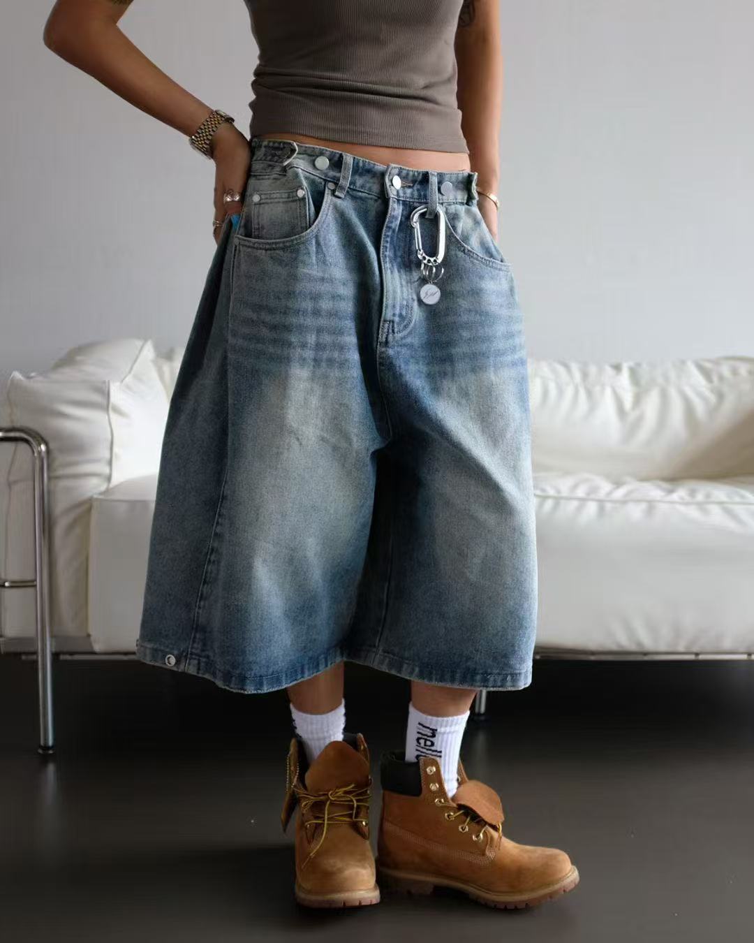 可調節褲頭寬鬆牛仔七分褲