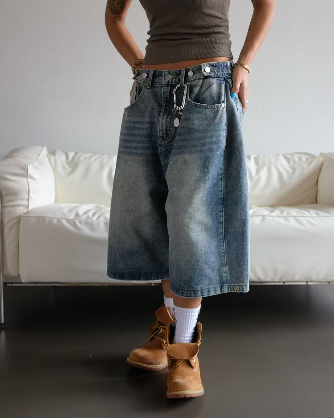 可調節褲頭寬鬆牛仔七分褲