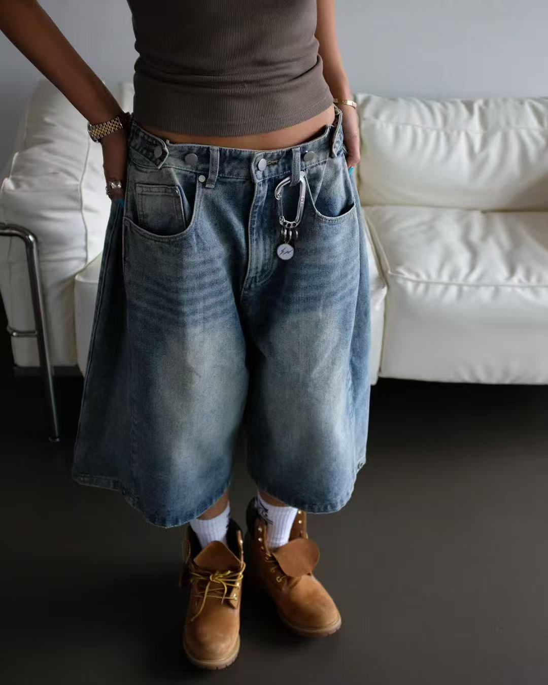 可調節褲頭寬鬆牛仔七分褲