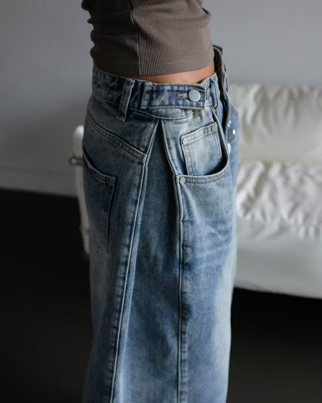 可調節褲頭寬鬆牛仔七分褲