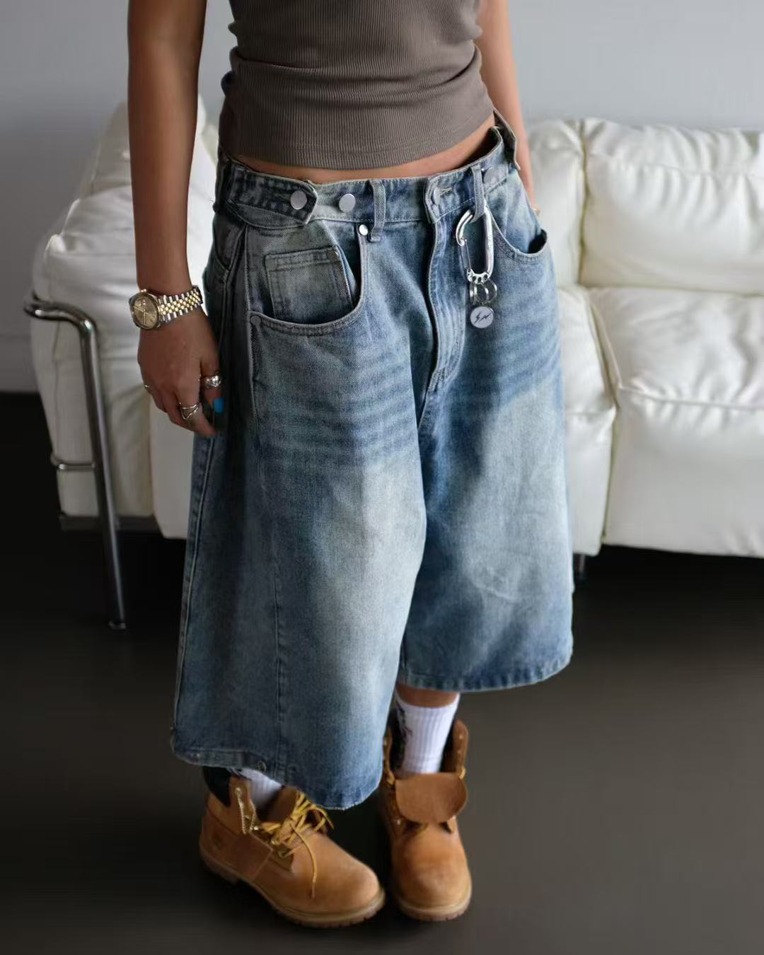 可調節褲頭寬鬆牛仔七分褲