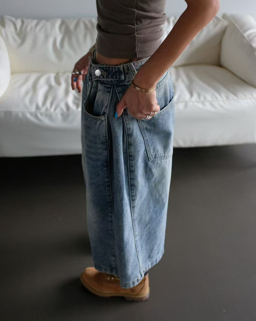 可調節褲頭寬鬆牛仔七分褲