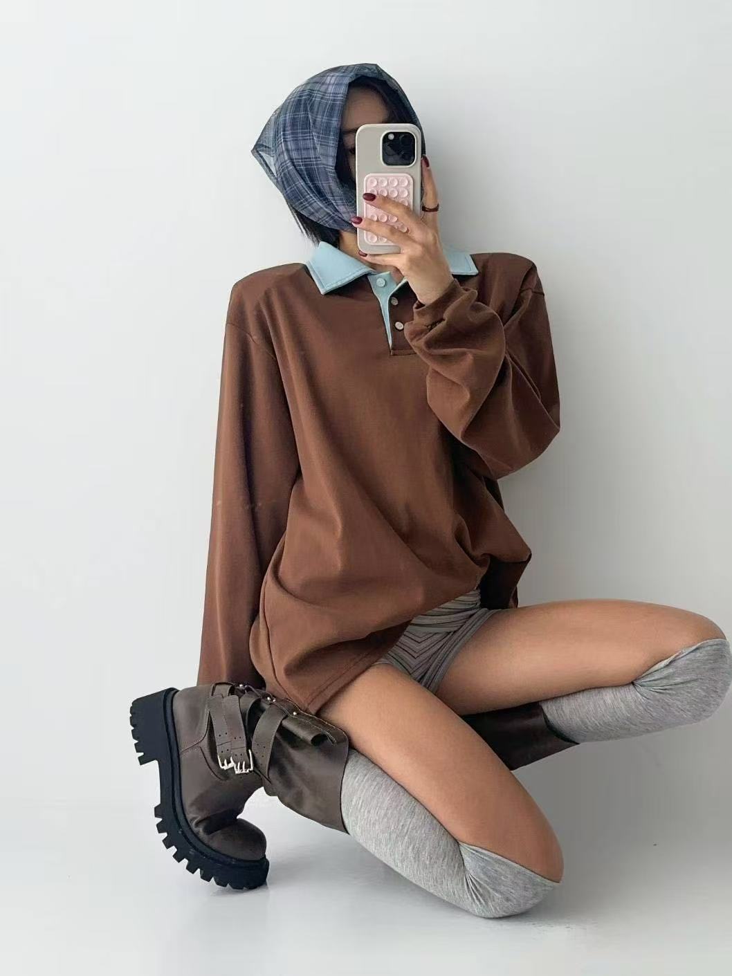 拼色Polo領中長款長袖T恤