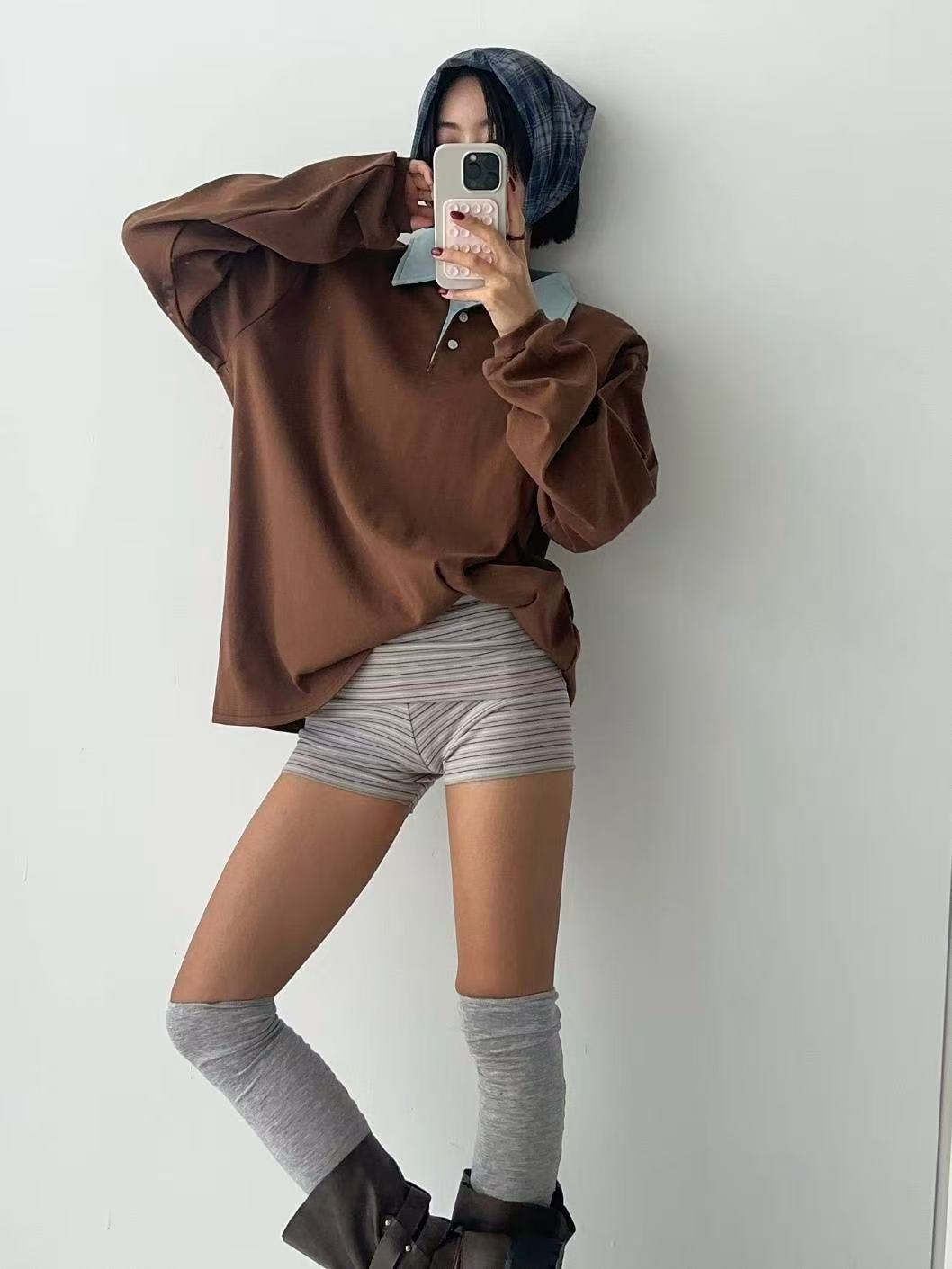 拼色Polo領中長款長袖T恤