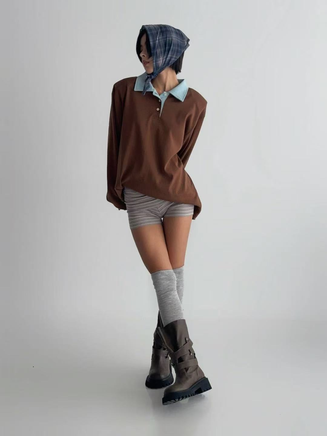 拼色Polo領中長款長袖T恤