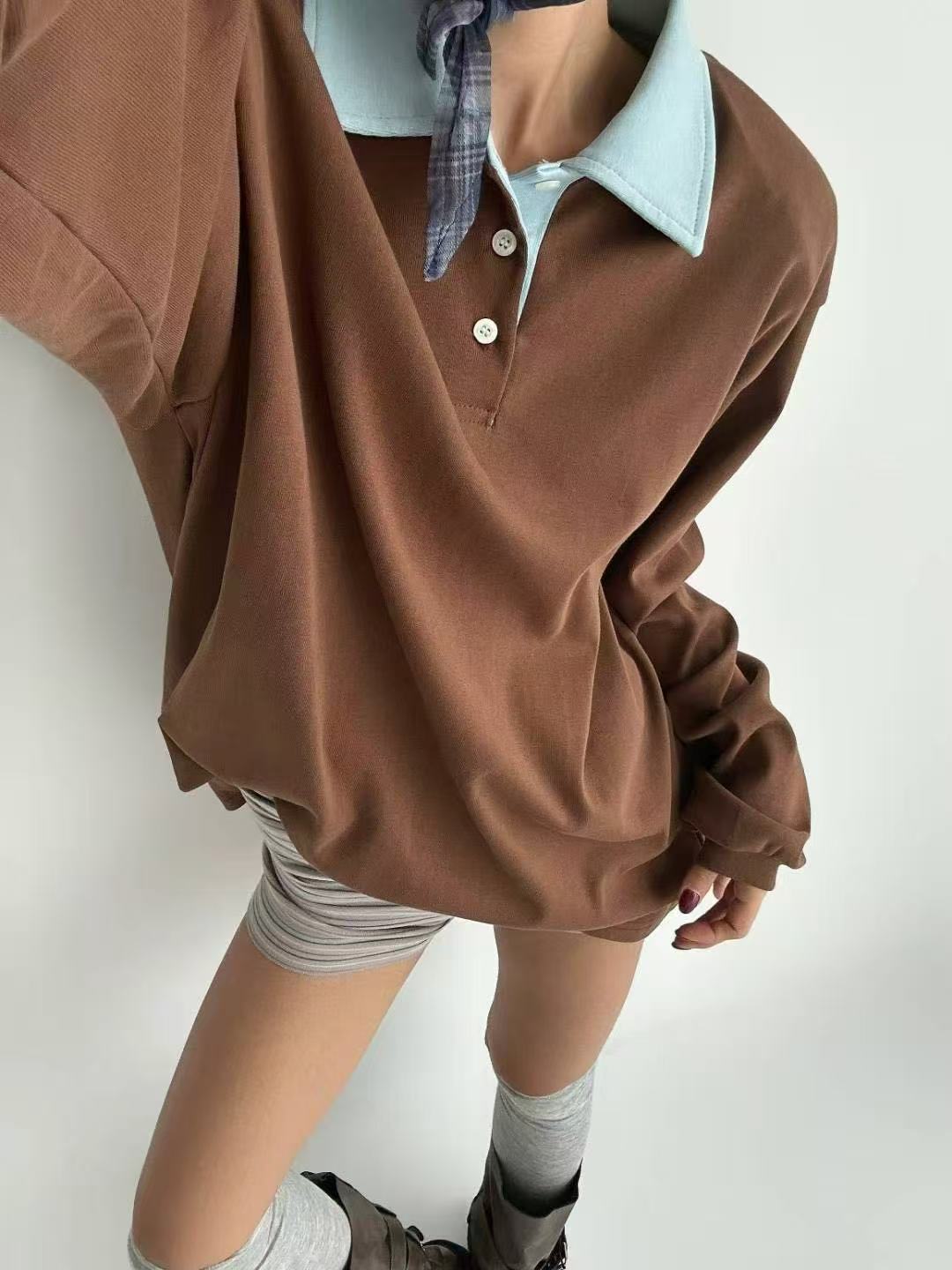 拼色Polo領中長款長袖T恤