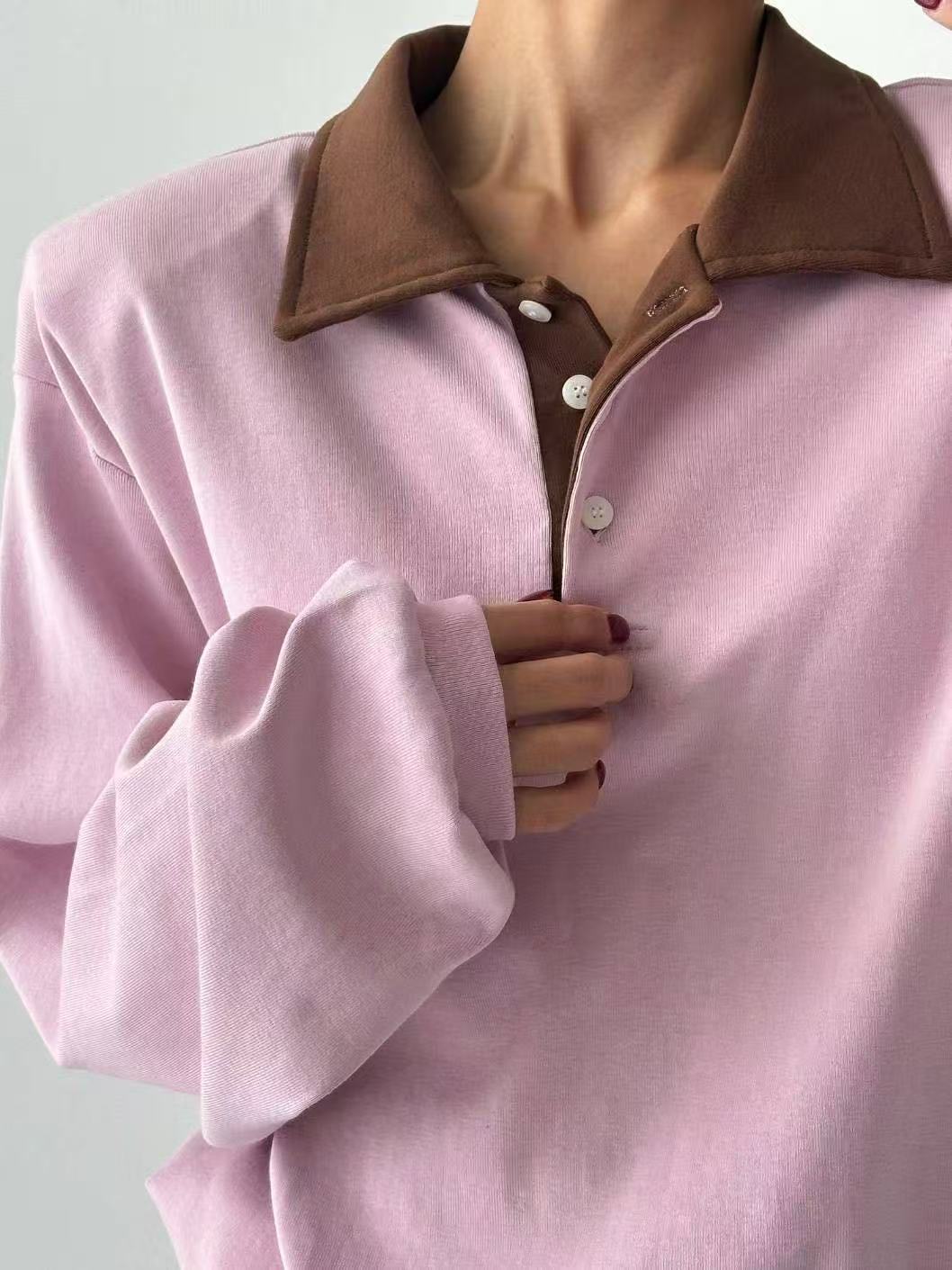 拼色Polo領中長款長袖T恤