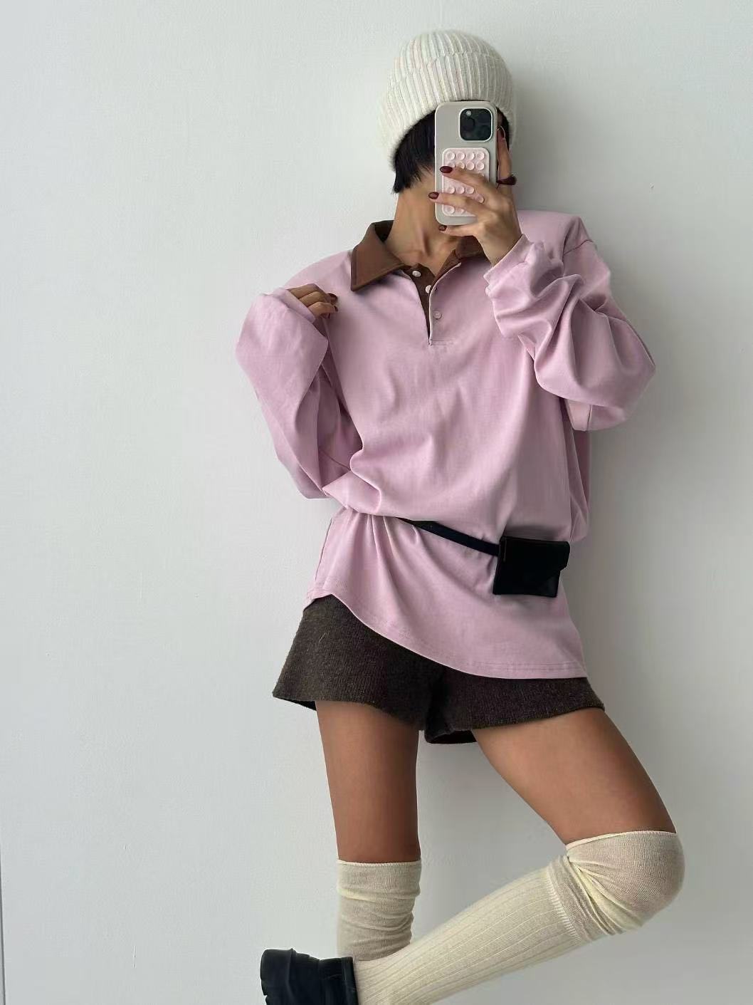 拼色Polo領中長款長袖T恤