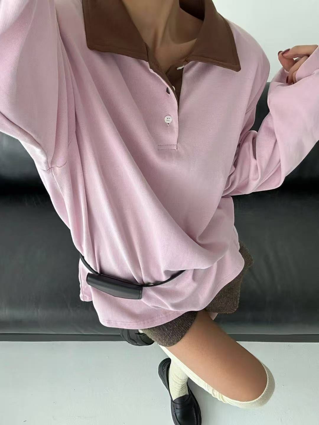 拼色Polo領中長款長袖T恤