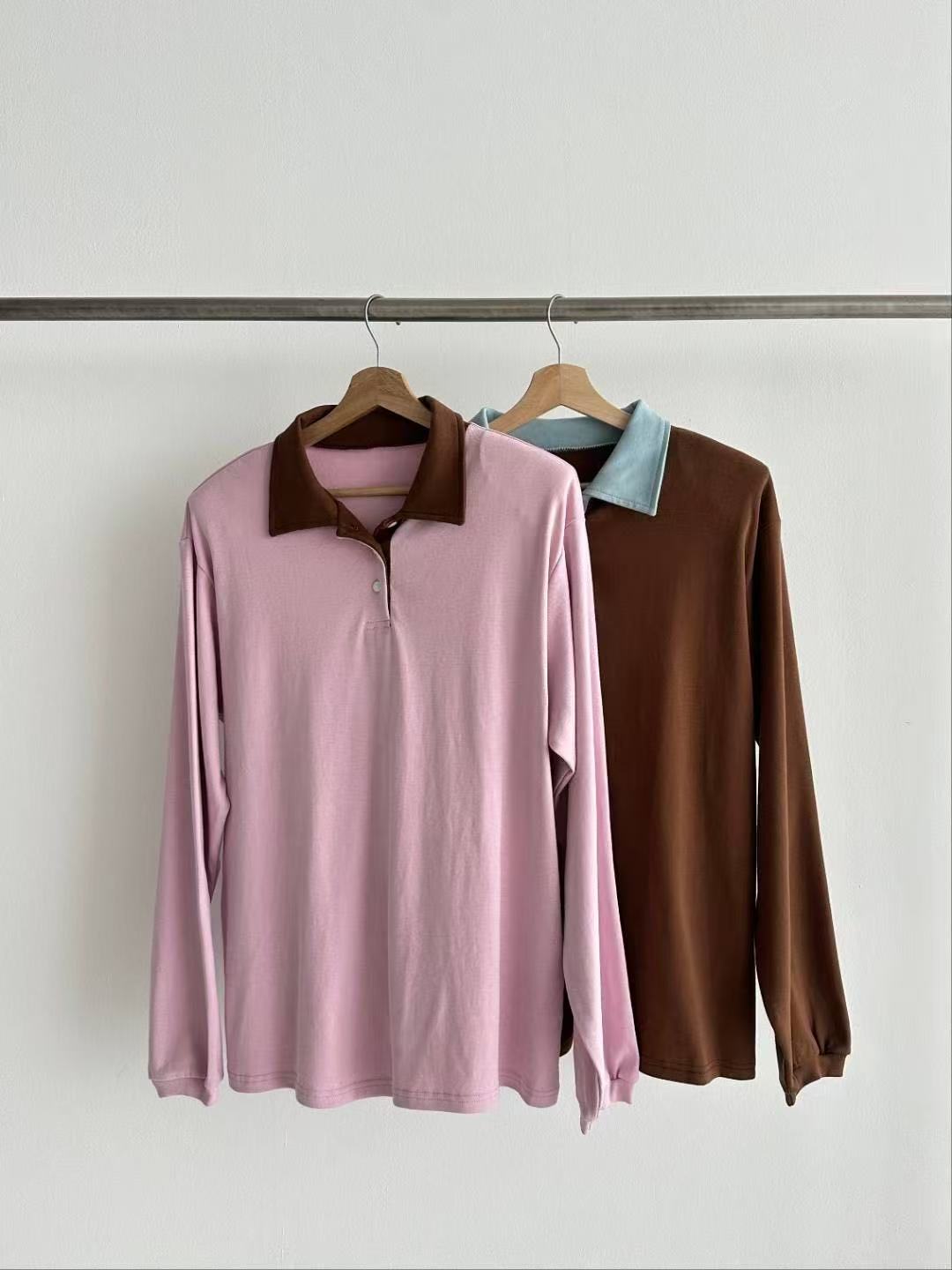 拼色Polo領中長款長袖T恤