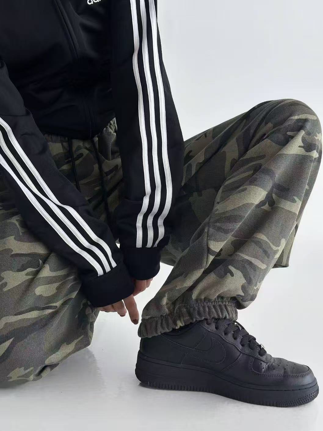 鬆緊腰抽繩寬鬆迷彩長褲