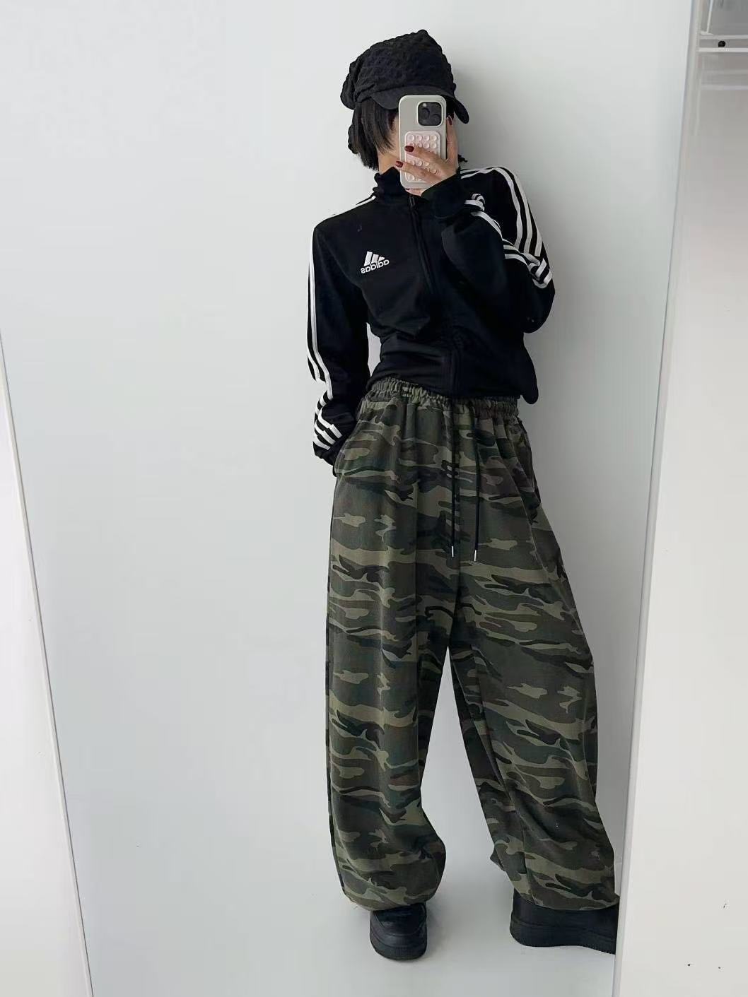 鬆緊腰抽繩寬鬆迷彩長褲