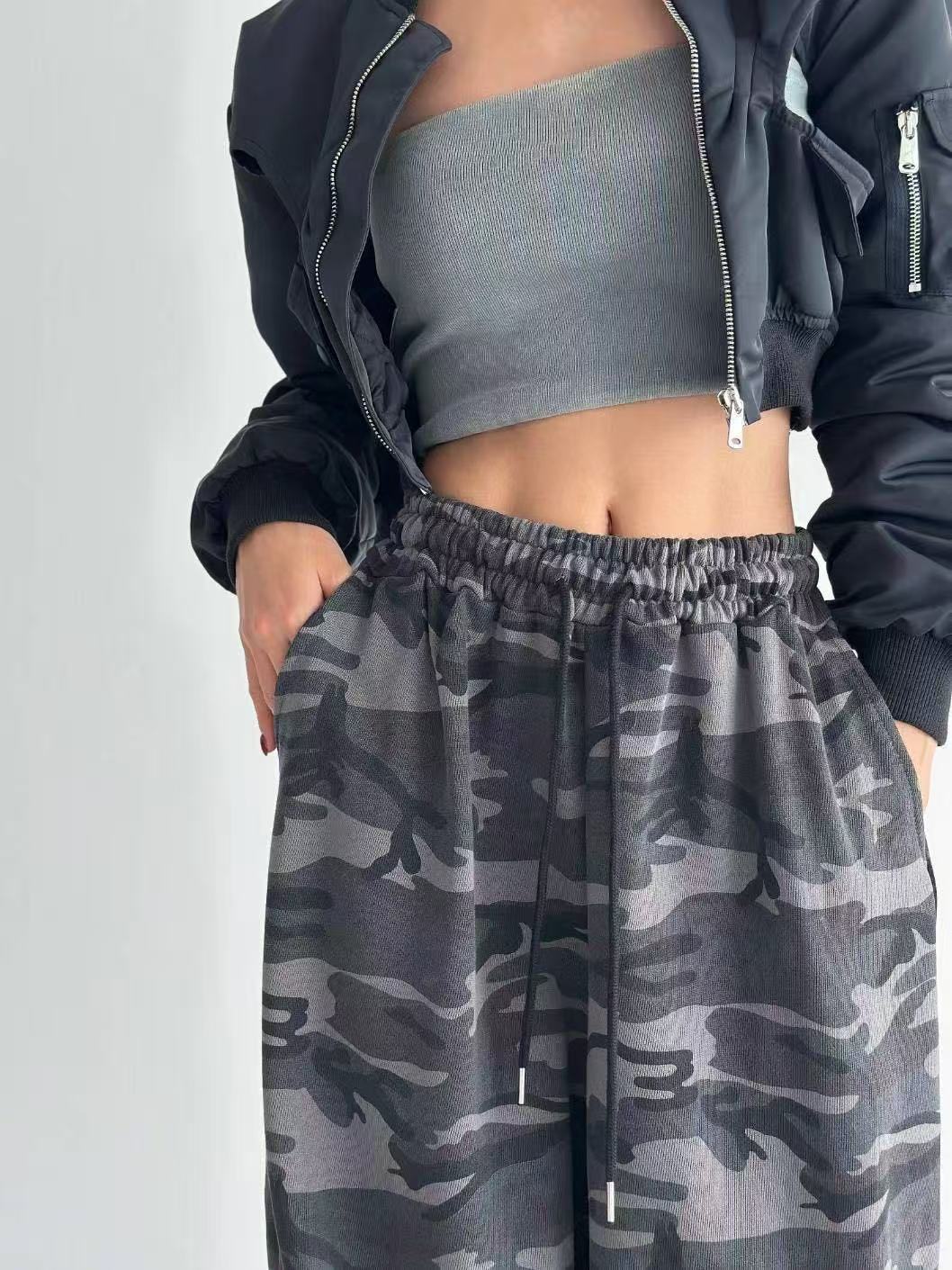 鬆緊腰抽繩寬鬆迷彩長褲