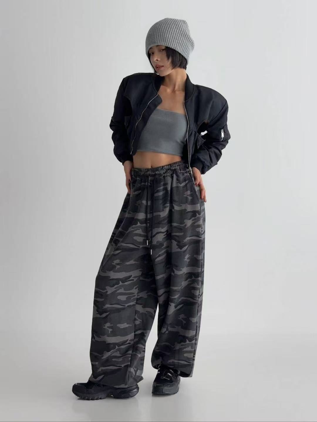 鬆緊腰抽繩寬鬆迷彩長褲