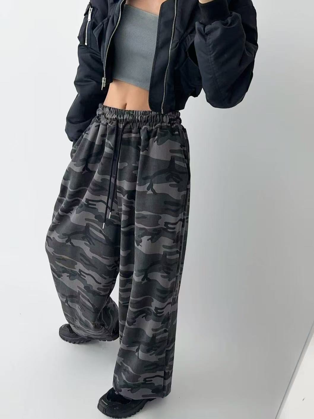 鬆緊腰抽繩寬鬆迷彩長褲