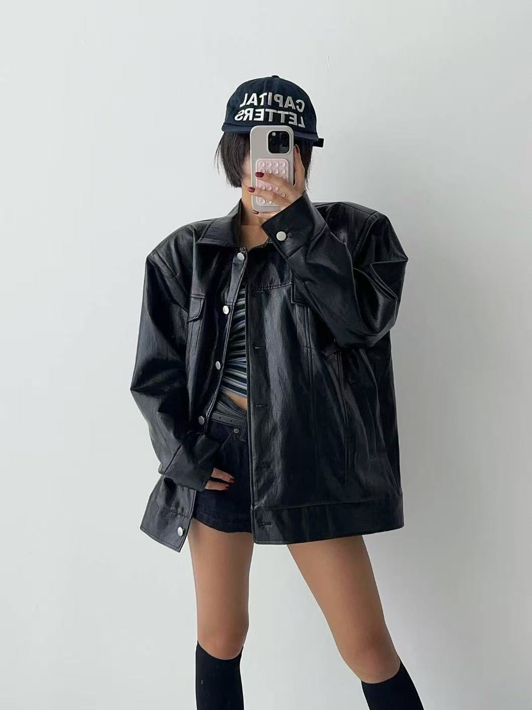 百搭寬鬆休閒皮外套