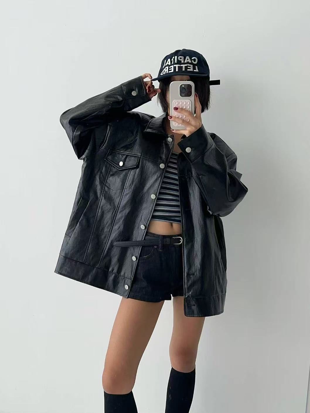 百搭寬鬆休閒皮外套