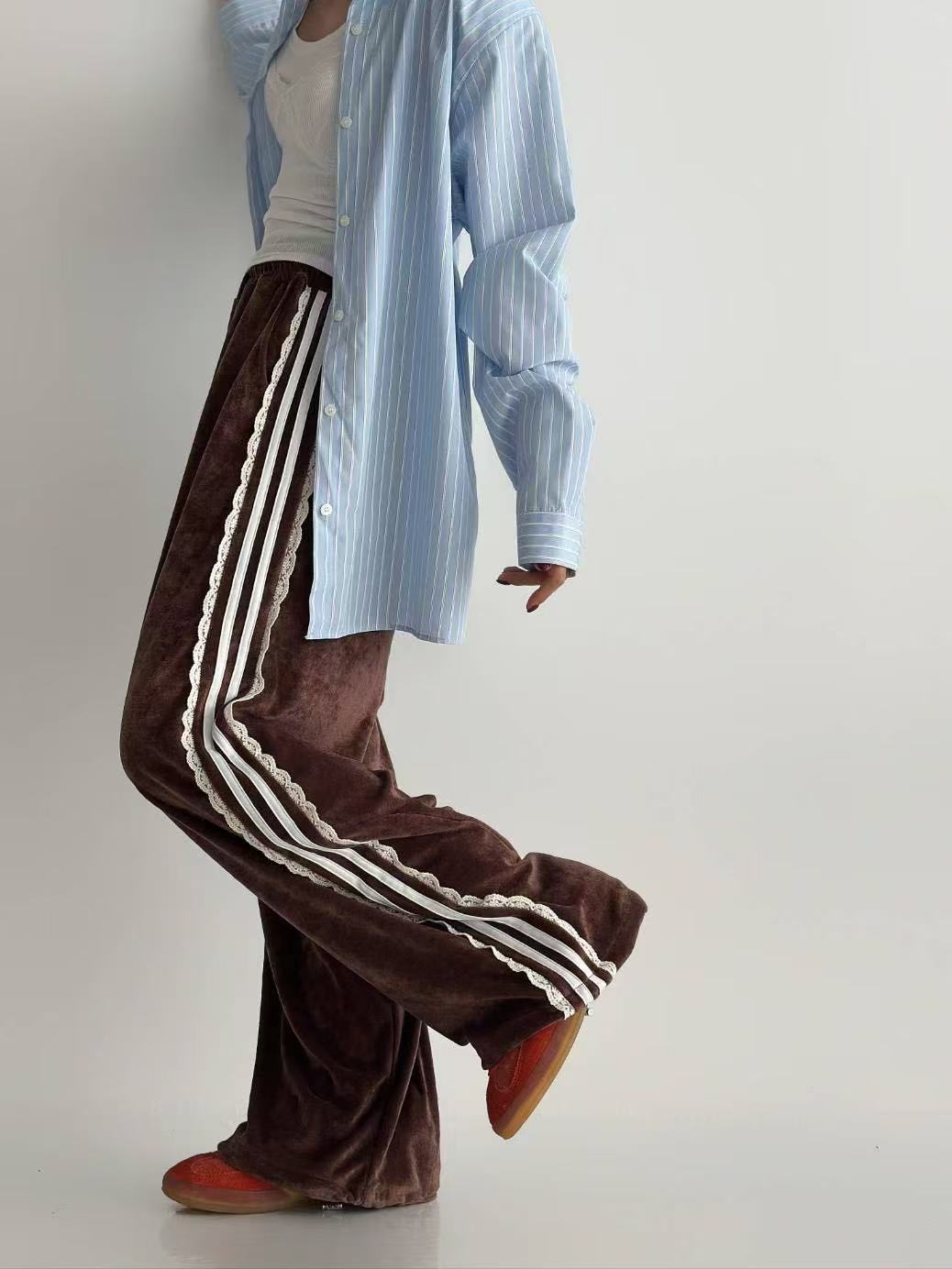 鬆緊腰蕾絲邊槓條休閒長褲