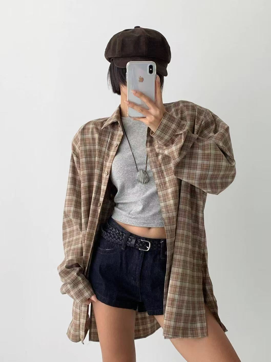 Polo領拼色格紋寬鬆中長款襯衫