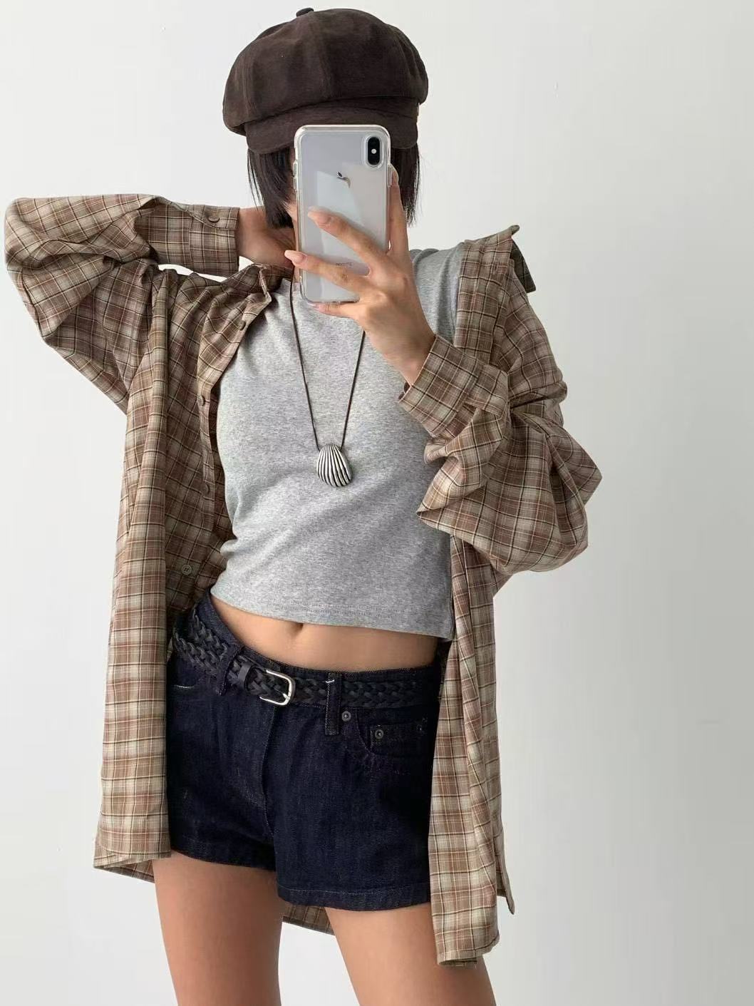 Polo領拼色格紋寬鬆中長款襯衫