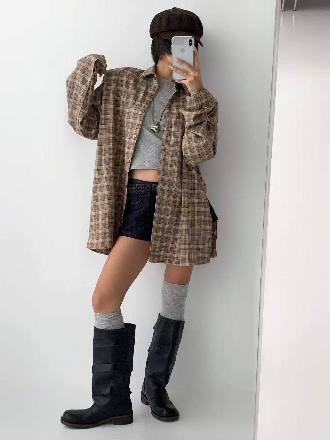 Polo領拼色格紋寬鬆中長款襯衫