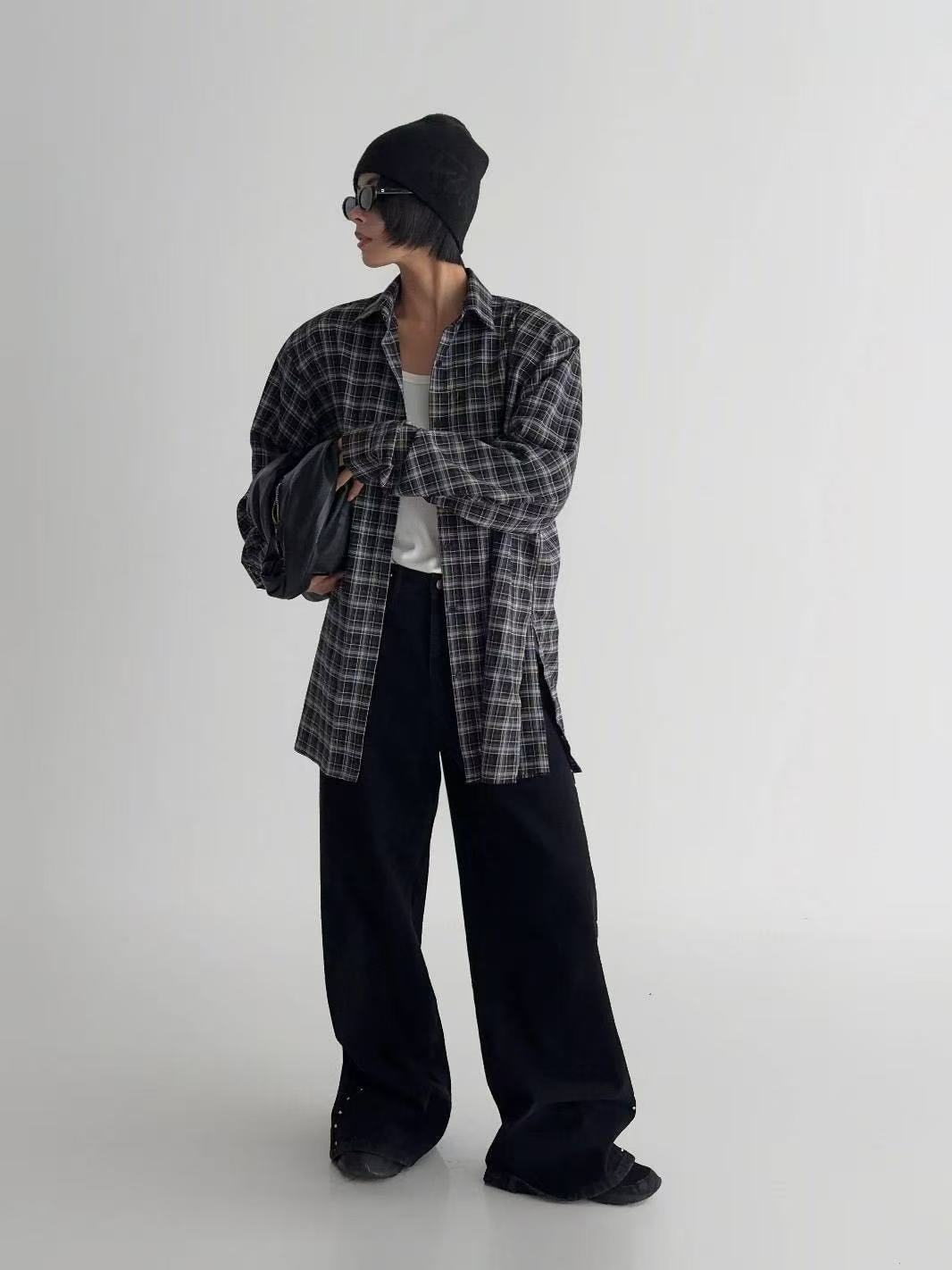 Polo領拼色格紋寬鬆中長款襯衫