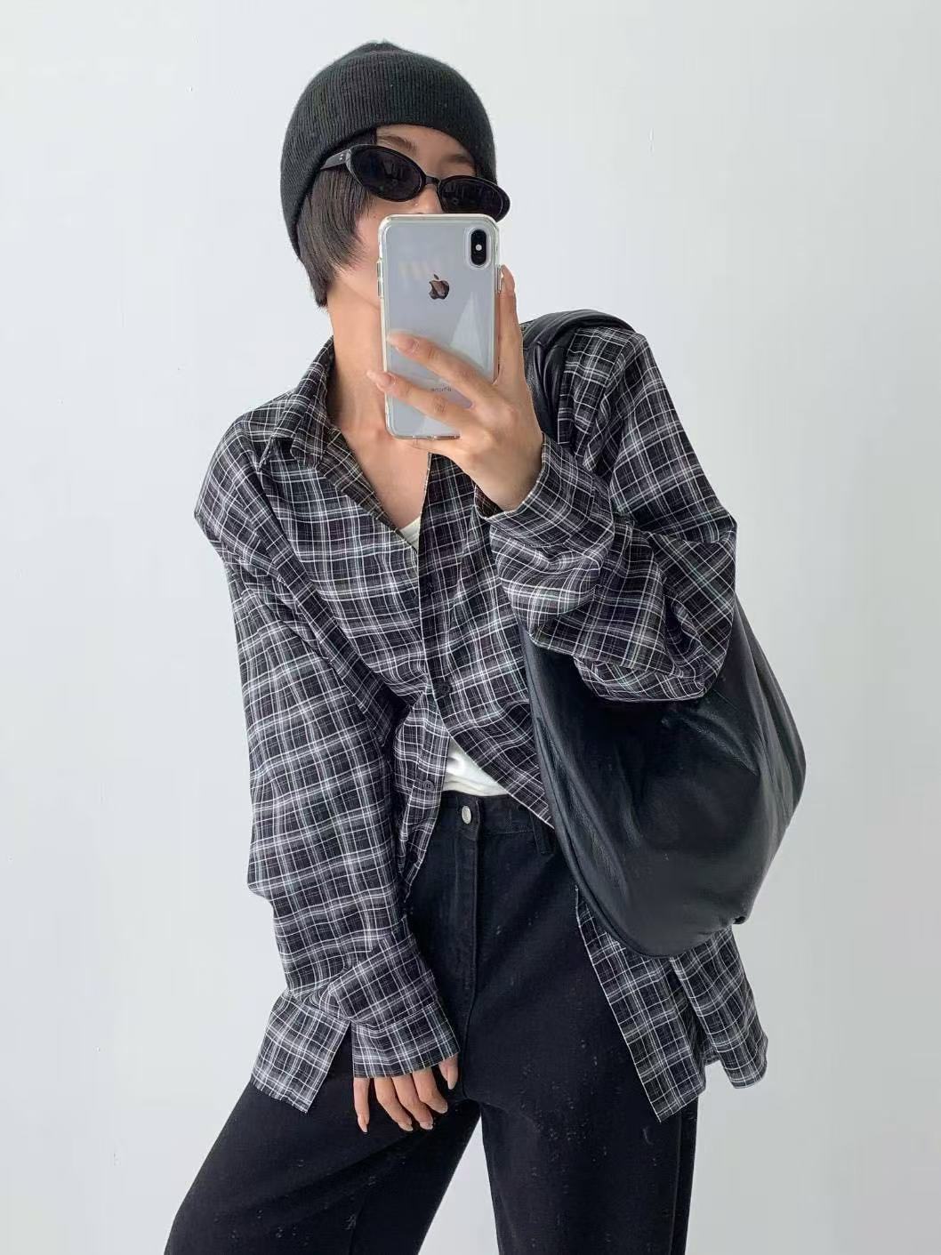 Polo領拼色格紋寬鬆中長款襯衫