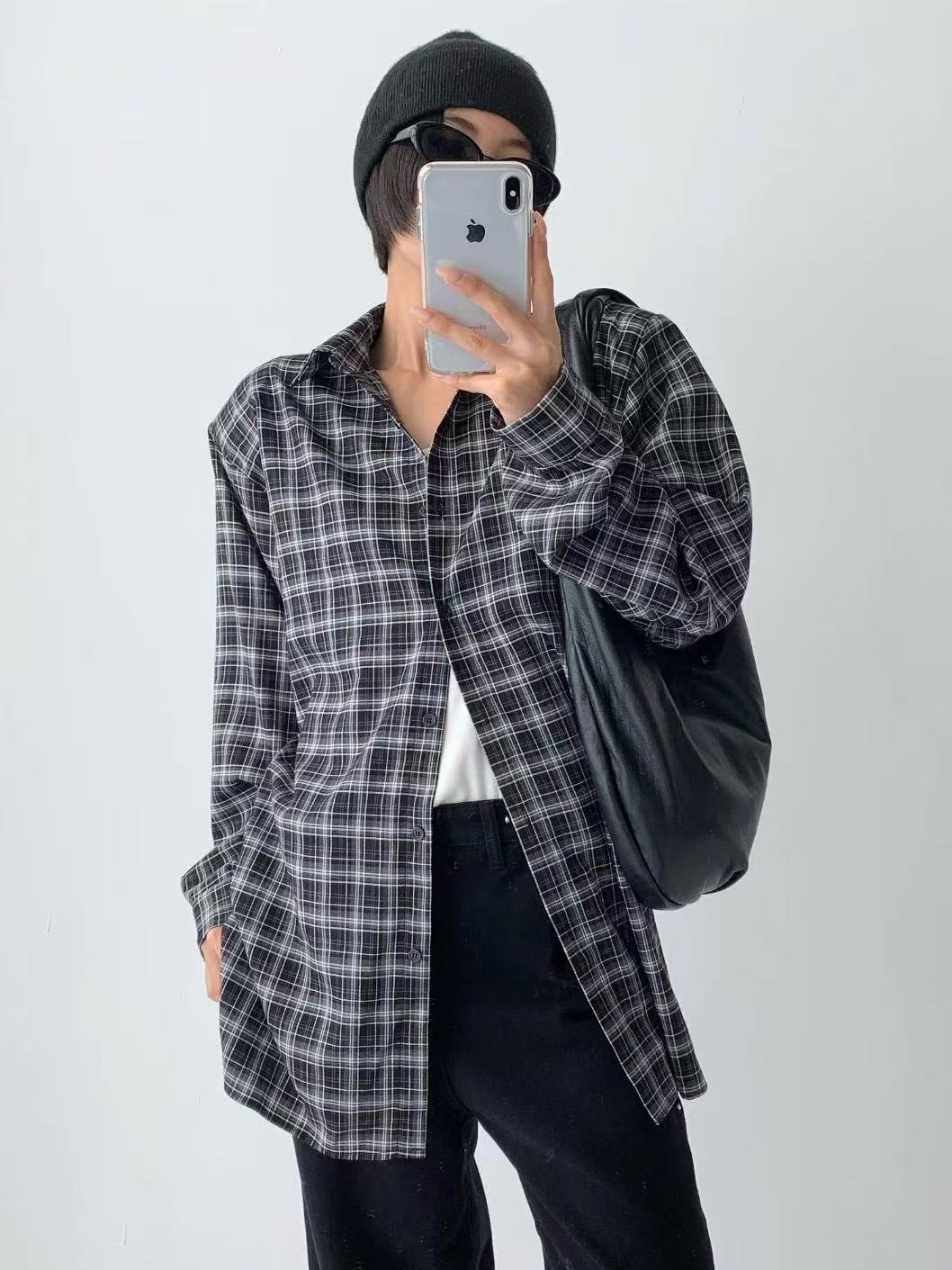 Polo領拼色格紋寬鬆中長款襯衫