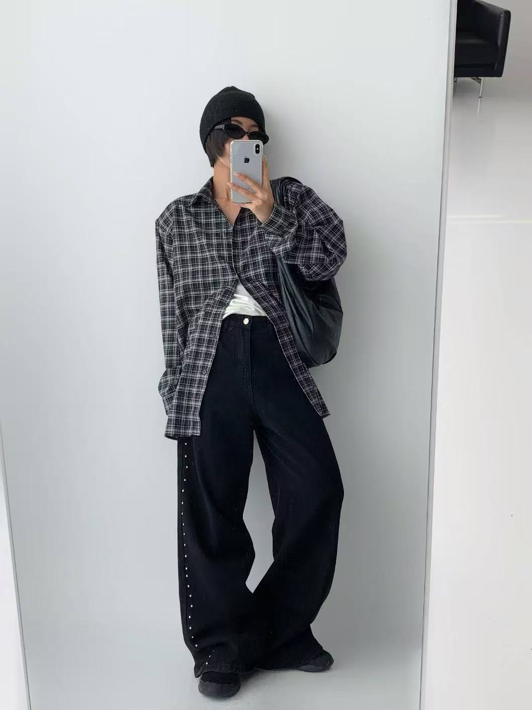 Polo領拼色格紋寬鬆中長款襯衫