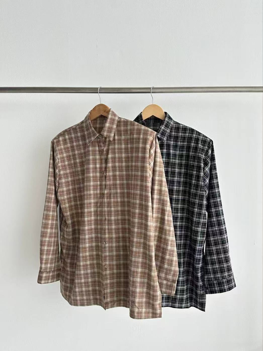 Polo領拼色格紋寬鬆中長款襯衫