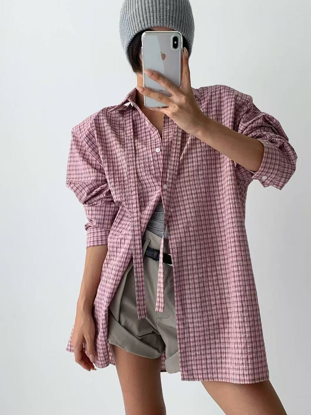 慵懶風百搭翻領撞色格紋襯衣