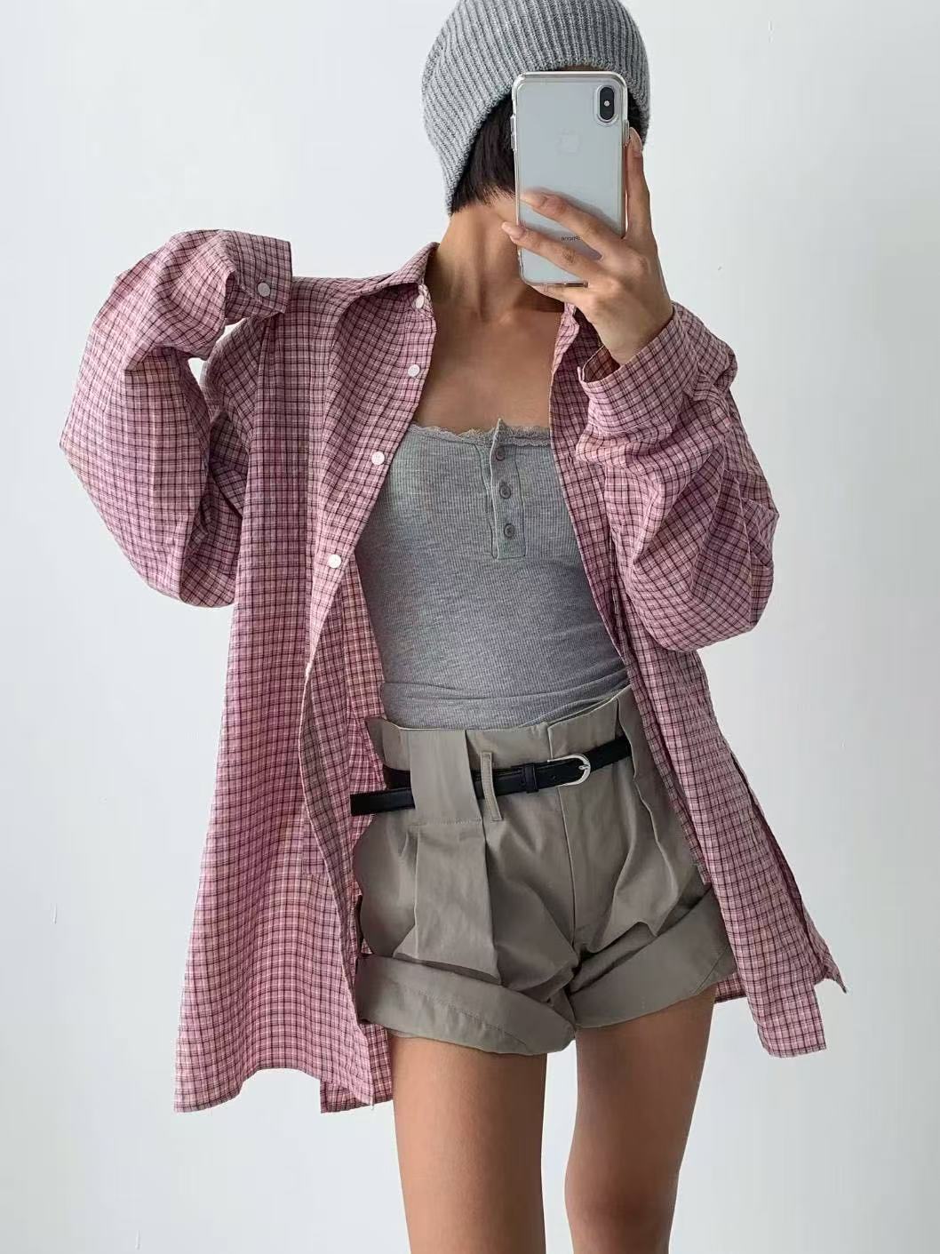 慵懶風百搭翻領撞色格紋襯衣