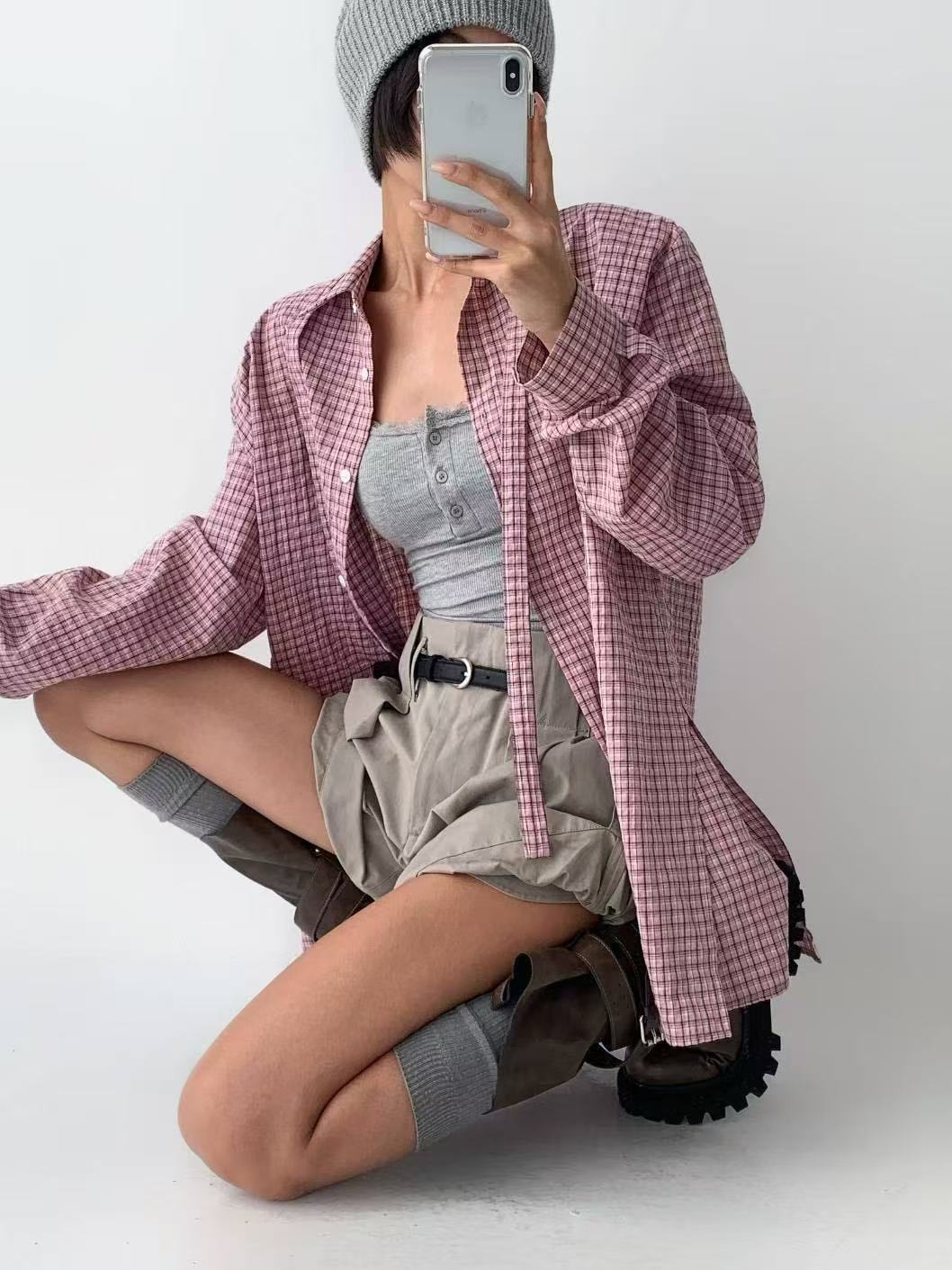 慵懶風百搭翻領撞色格紋襯衣