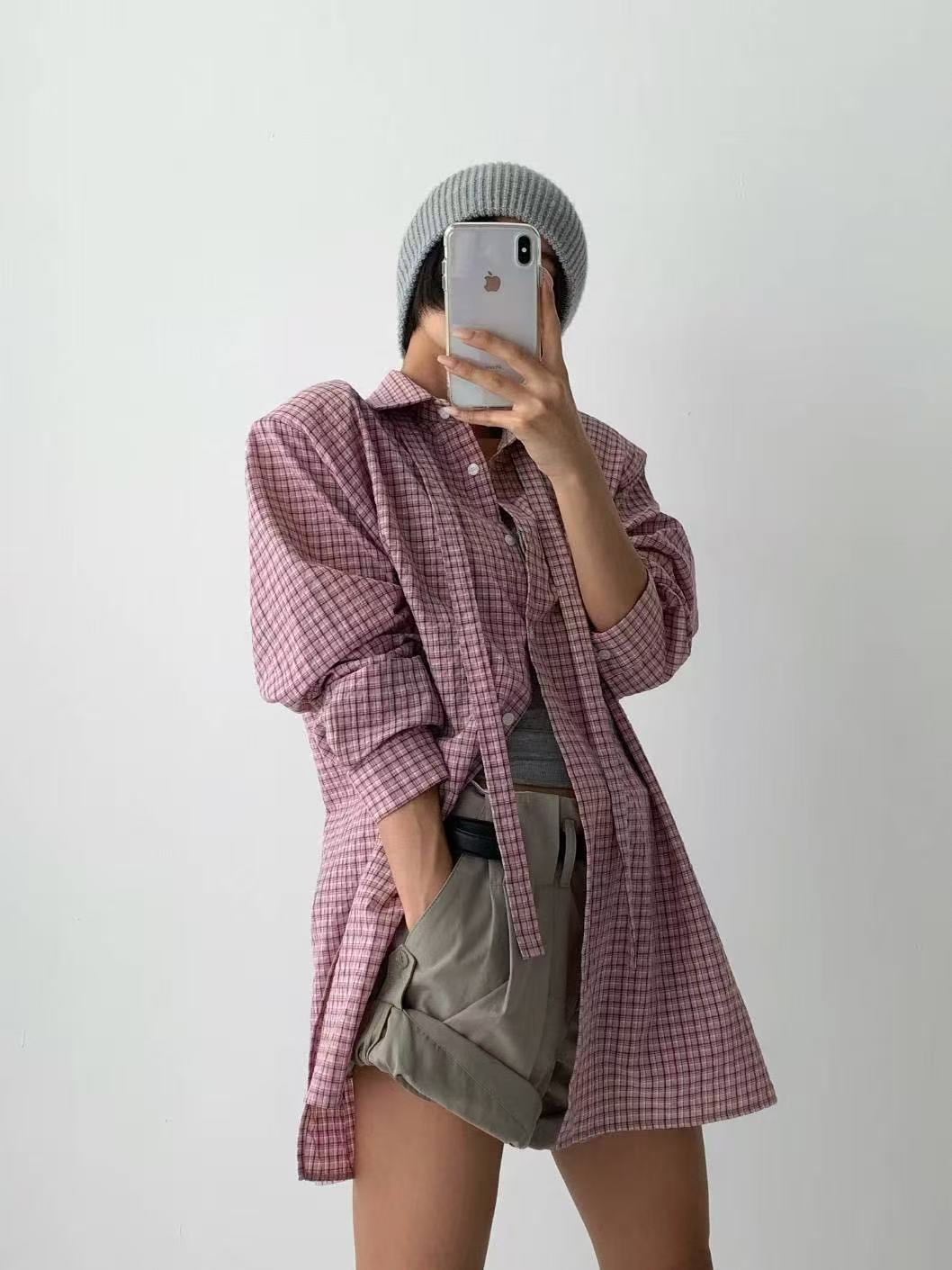 慵懶風百搭翻領撞色格紋襯衣