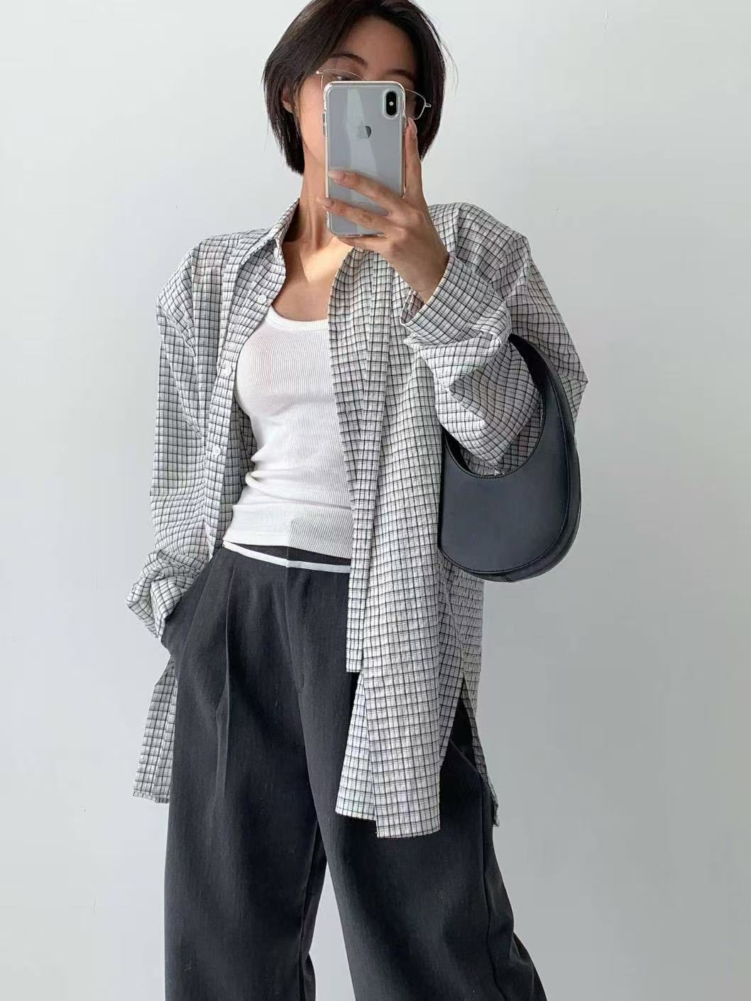 慵懶風百搭翻領撞色格紋襯衣