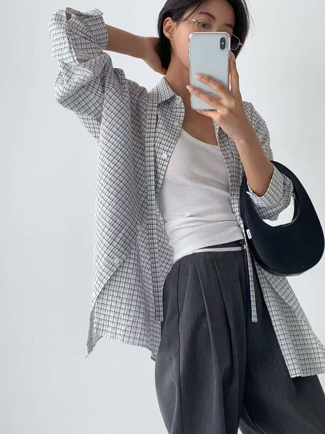 慵懶風百搭翻領撞色格紋襯衣