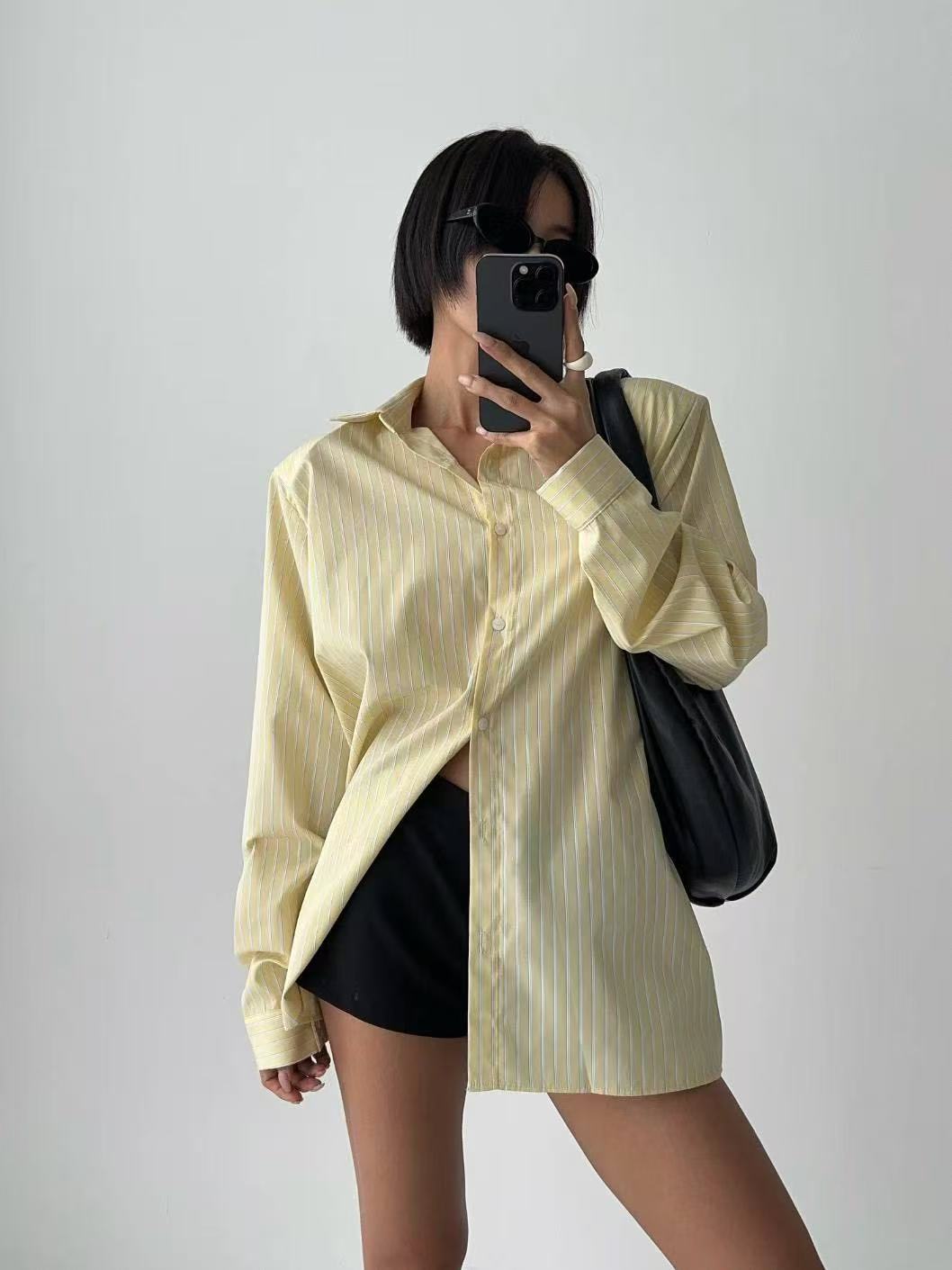 翻領豎條紋單排扣寬鬆長袖襯衫