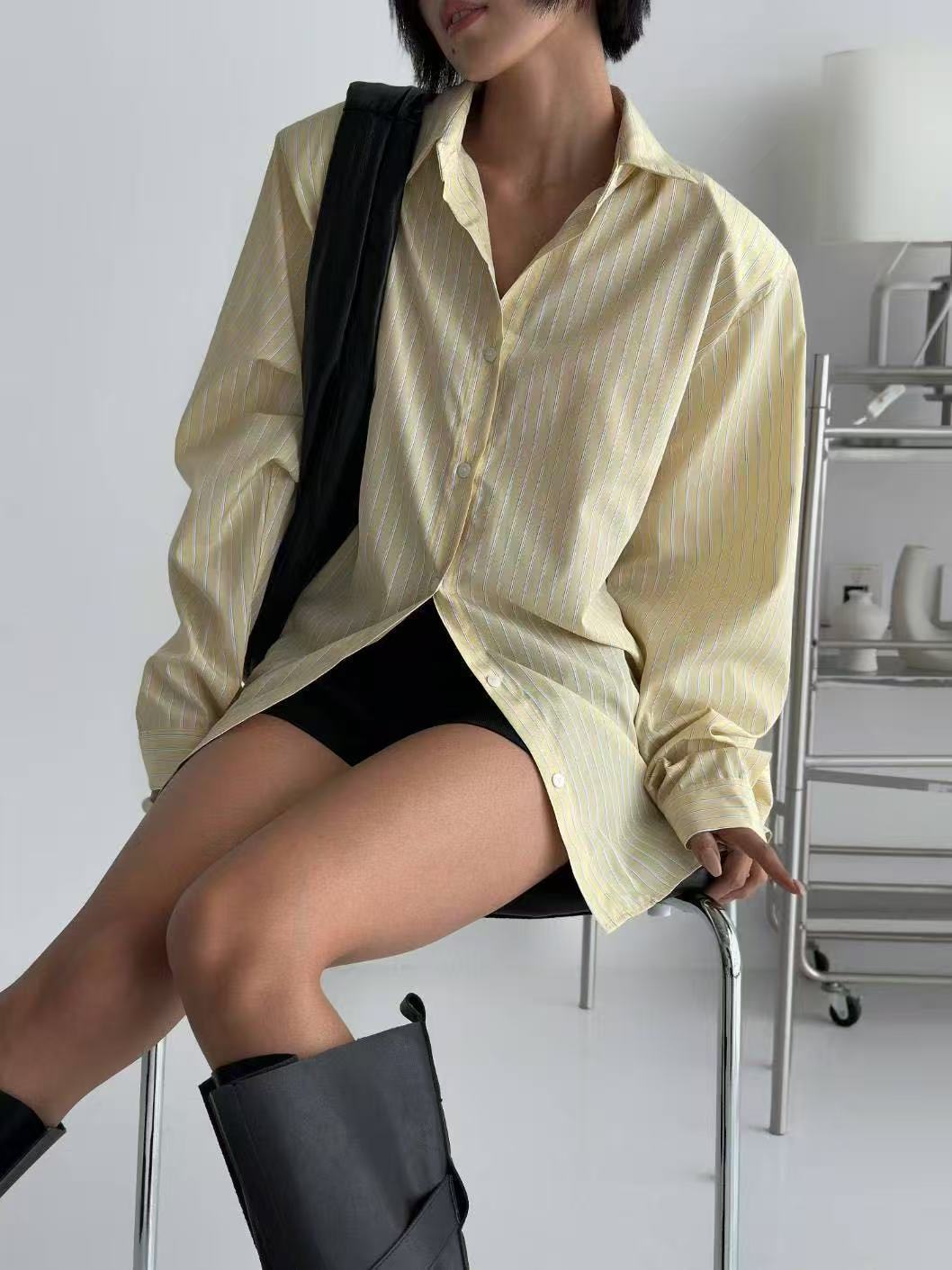 翻領豎條紋單排扣寬鬆長袖襯衫