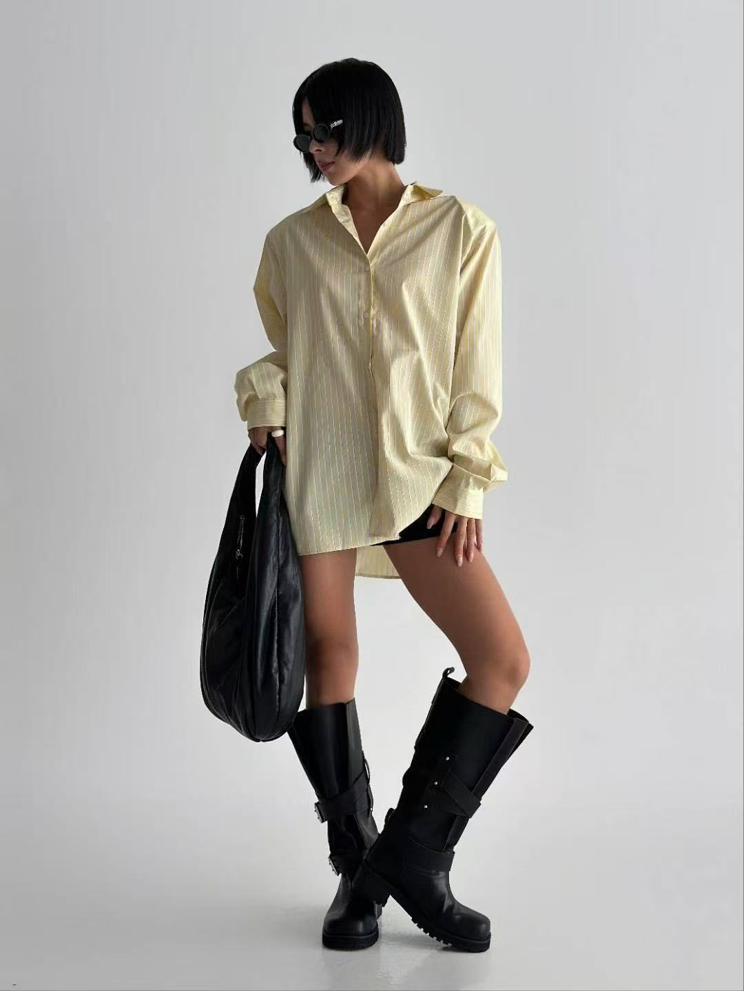 翻領豎條紋單排扣寬鬆長袖襯衫