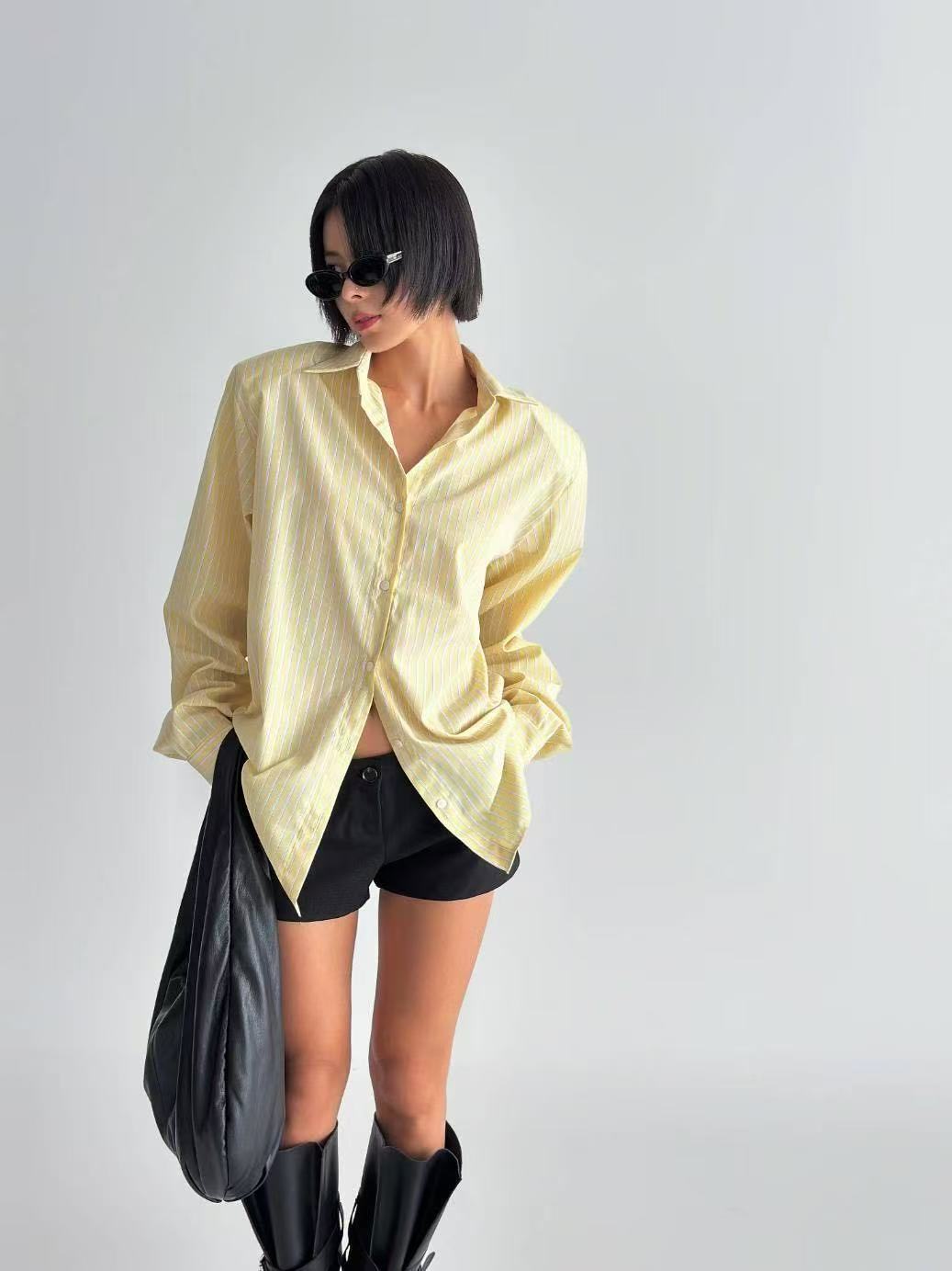 翻領豎條紋單排扣寬鬆長袖襯衫
