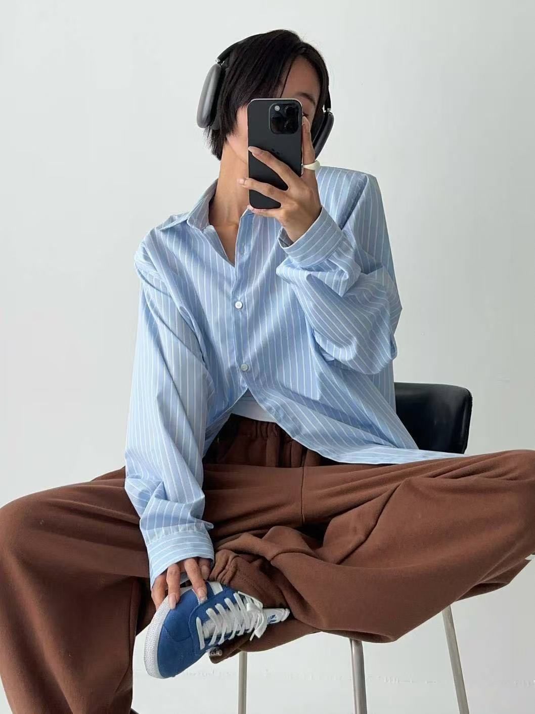 翻領豎條紋單排扣寬鬆長袖襯衫