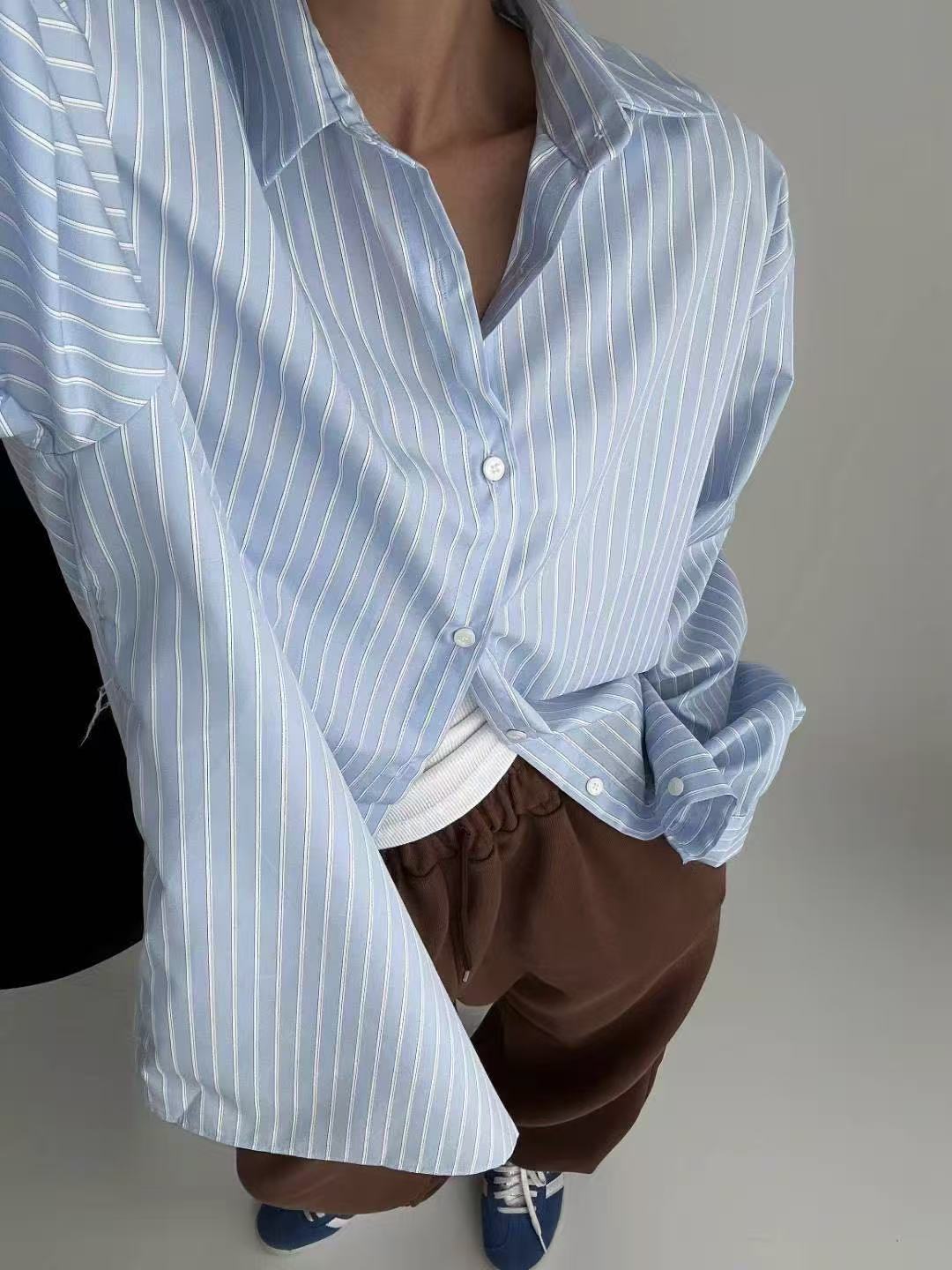 翻領豎條紋單排扣寬鬆長袖襯衫