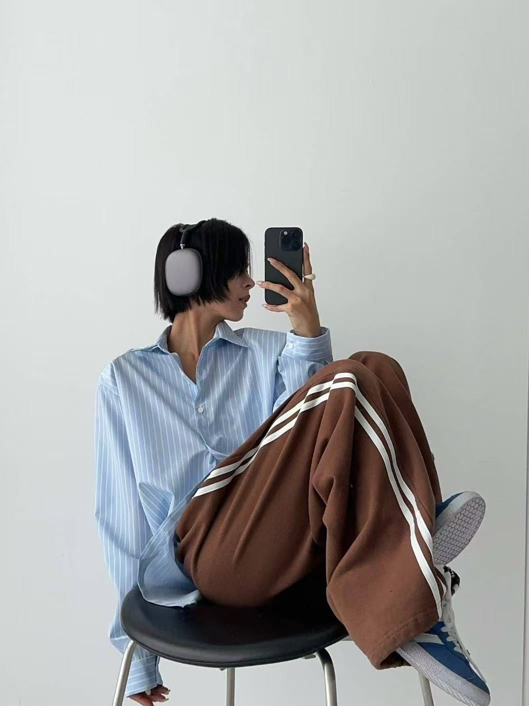 翻領豎條紋單排扣寬鬆長袖襯衫