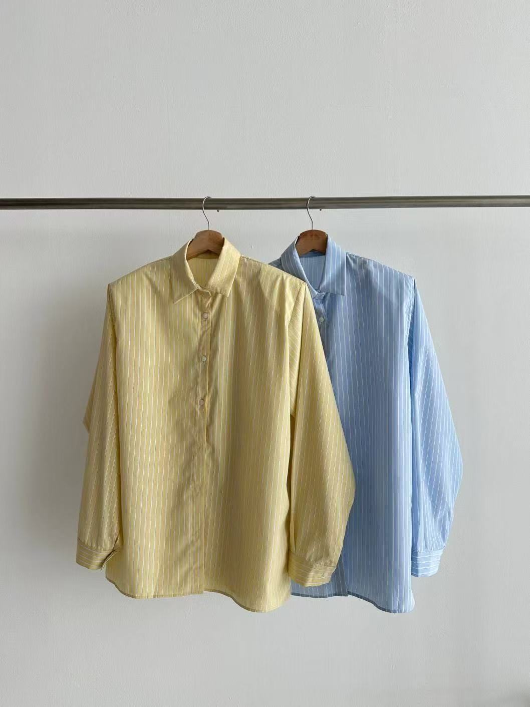 翻領豎條紋單排扣寬鬆長袖襯衫